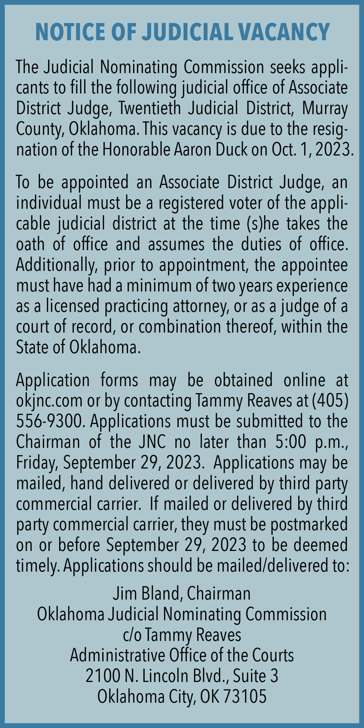 Notice Of Judicial Vacancy 20th Judicial District