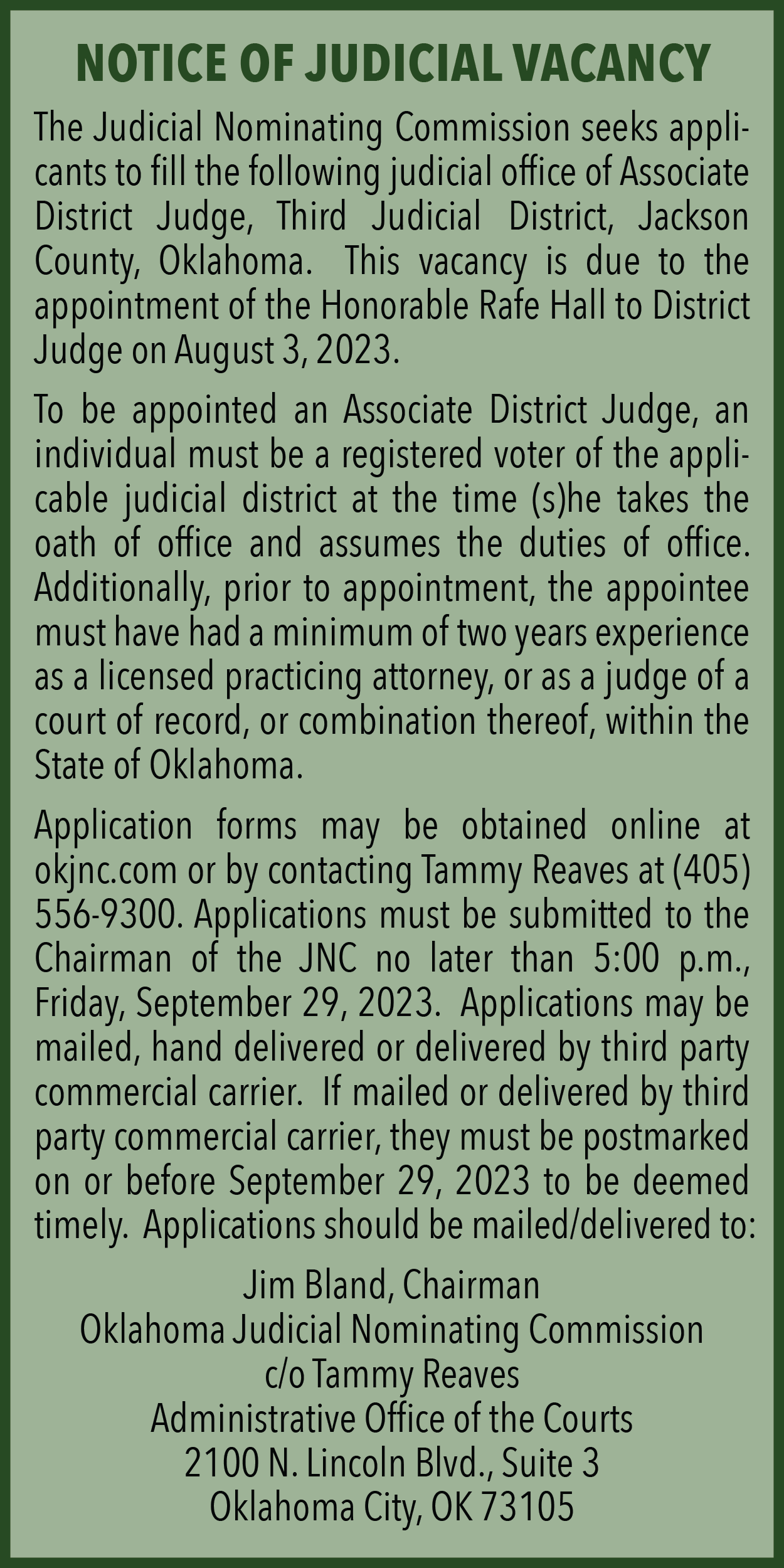 Notice Of Judicial Vacancy 3rd Judicial District