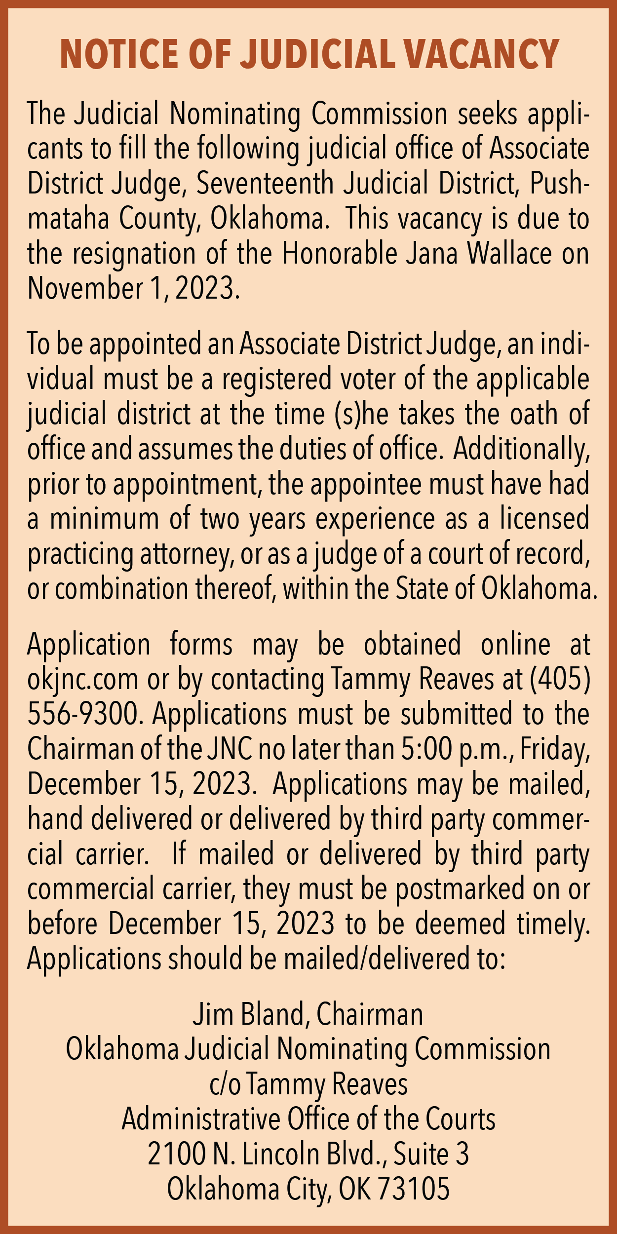 2023 Nov Notice Of Judicial Vacancy