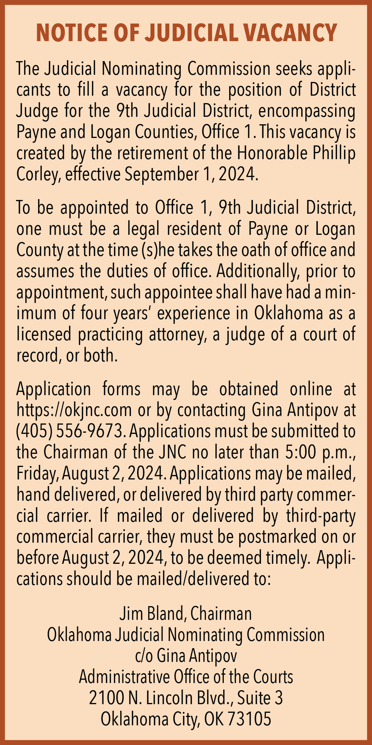 2024 June Notice Of Judicial Vacancy – 9th Judicial District
