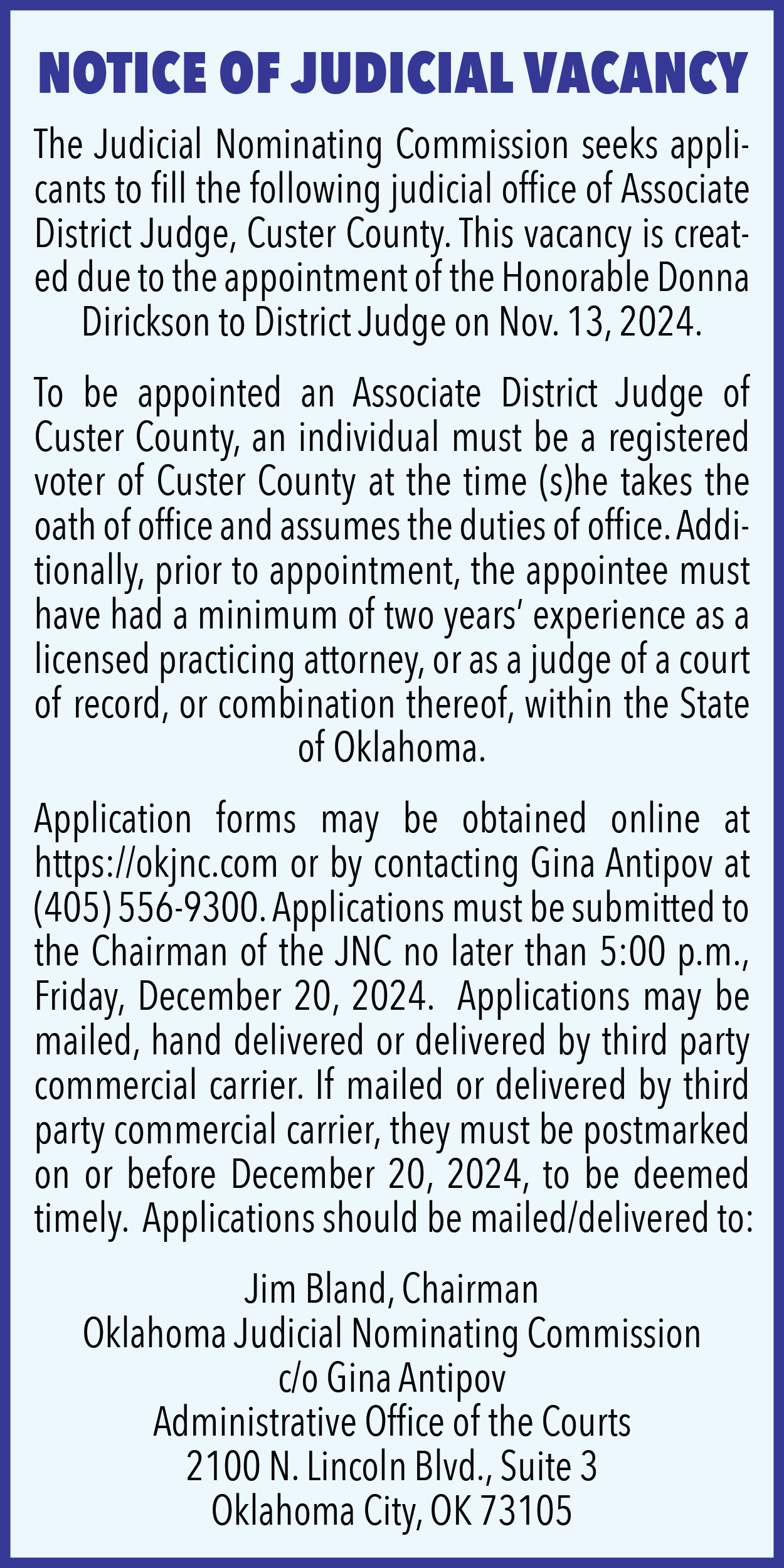 Notice Of Judicial Vacancy Custer County