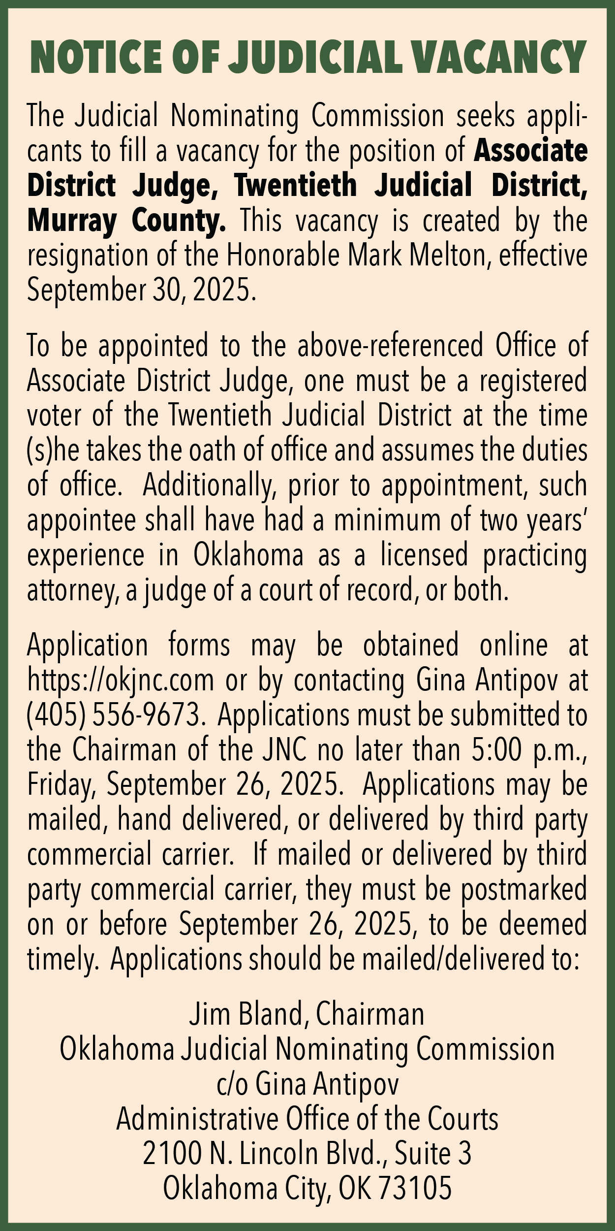 Notice Of Judicial Vacancy – Murray County